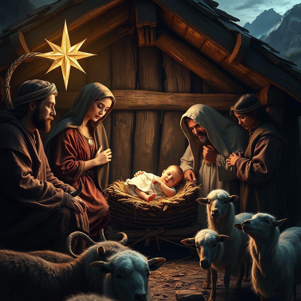 Rustic Nativity Scene in Dreamy Matte Painting Style