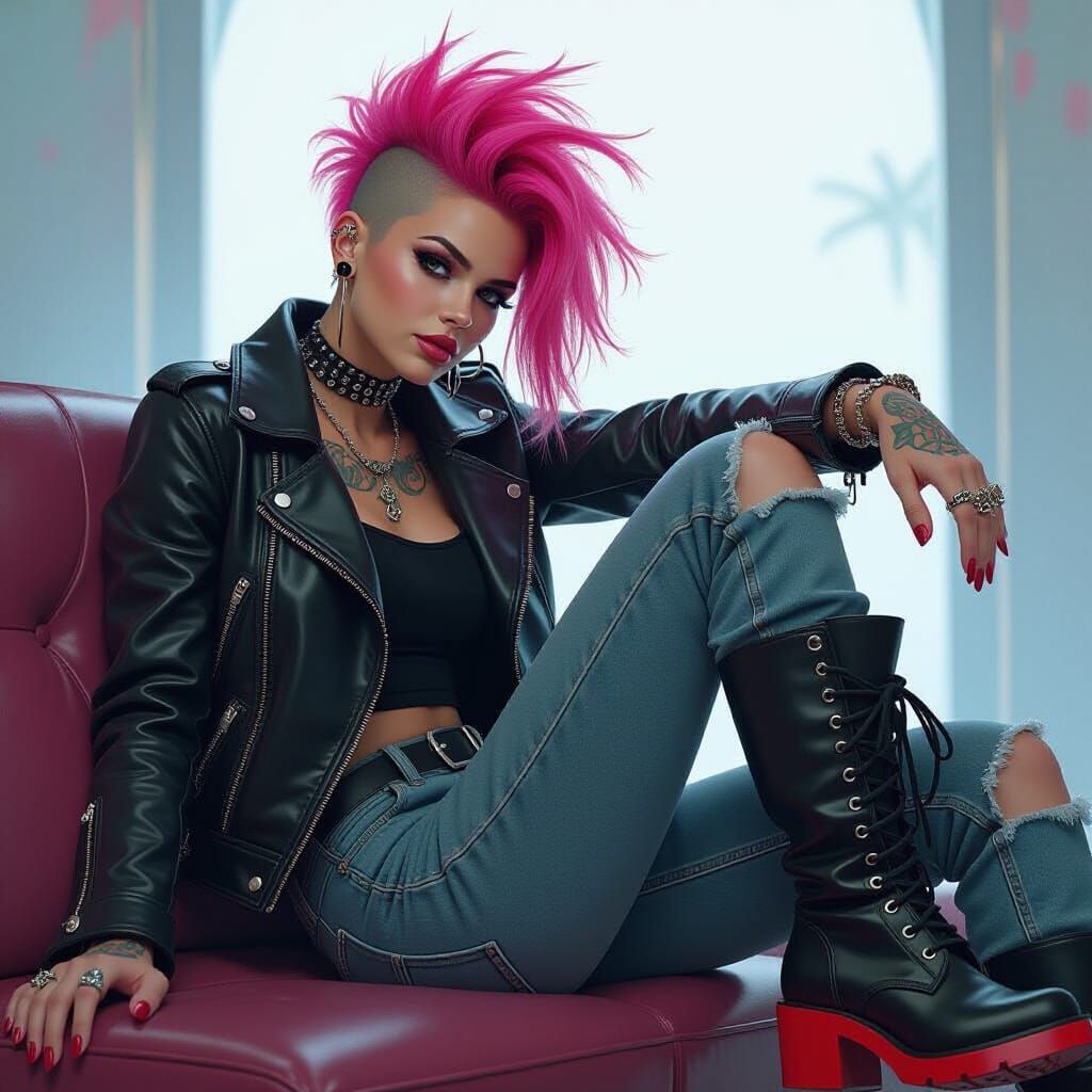 Woman with Mohawk Resting, in Cyberpunk Style