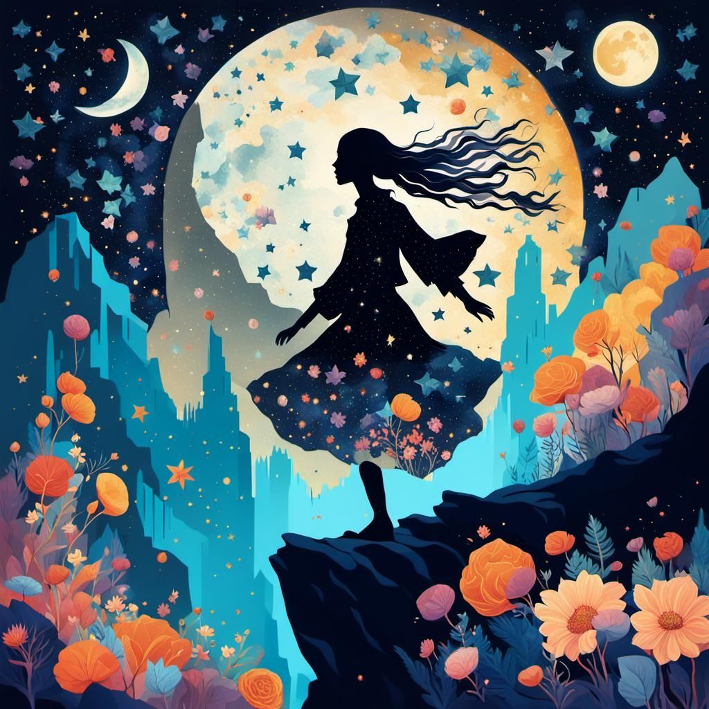 Macabre Starry Silhouette in Surreal Collage Art