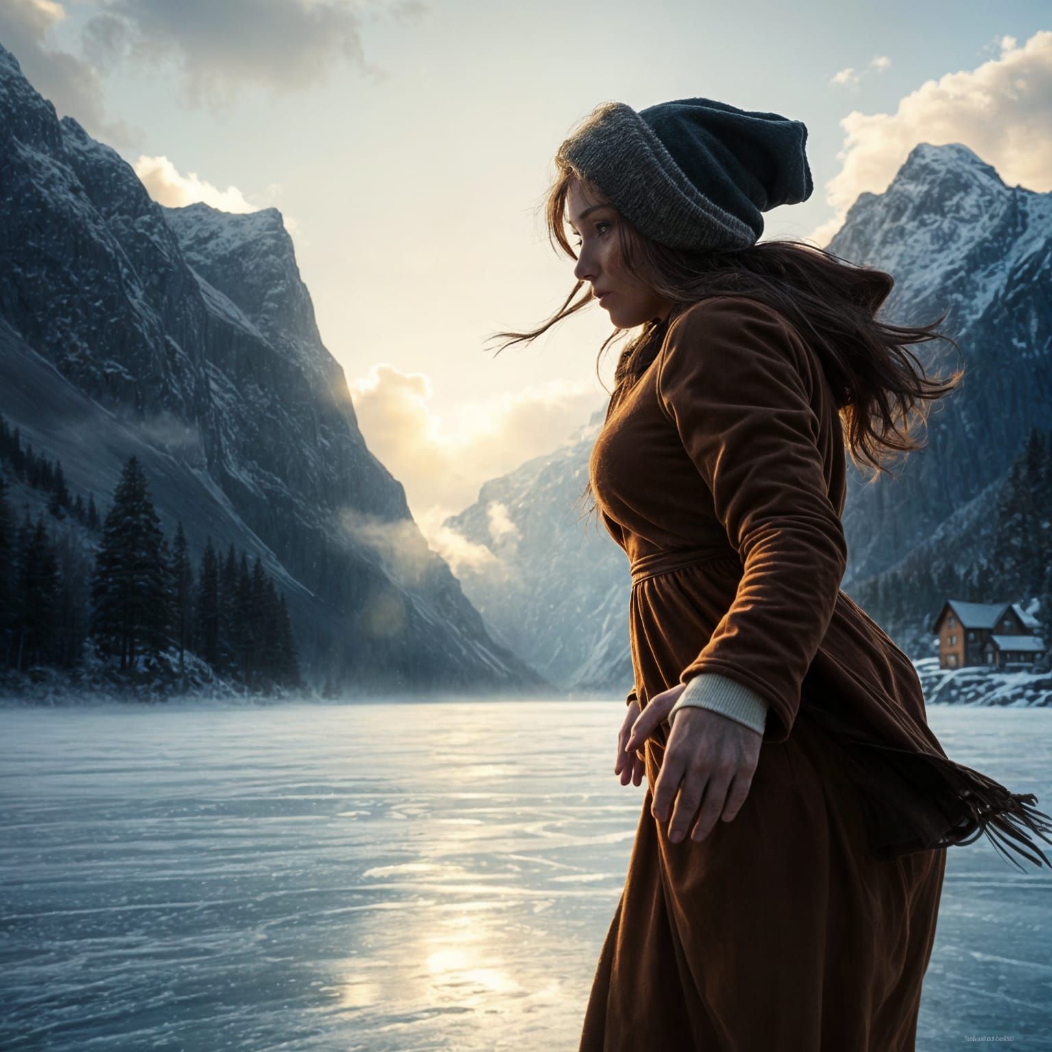 Serene Caravaggio-Inspired Morning Landscape with Ice Skater