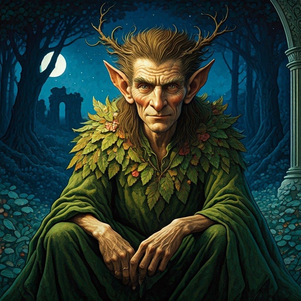 Majestic Goblin Puck in Moonlit Forest, Watercolor