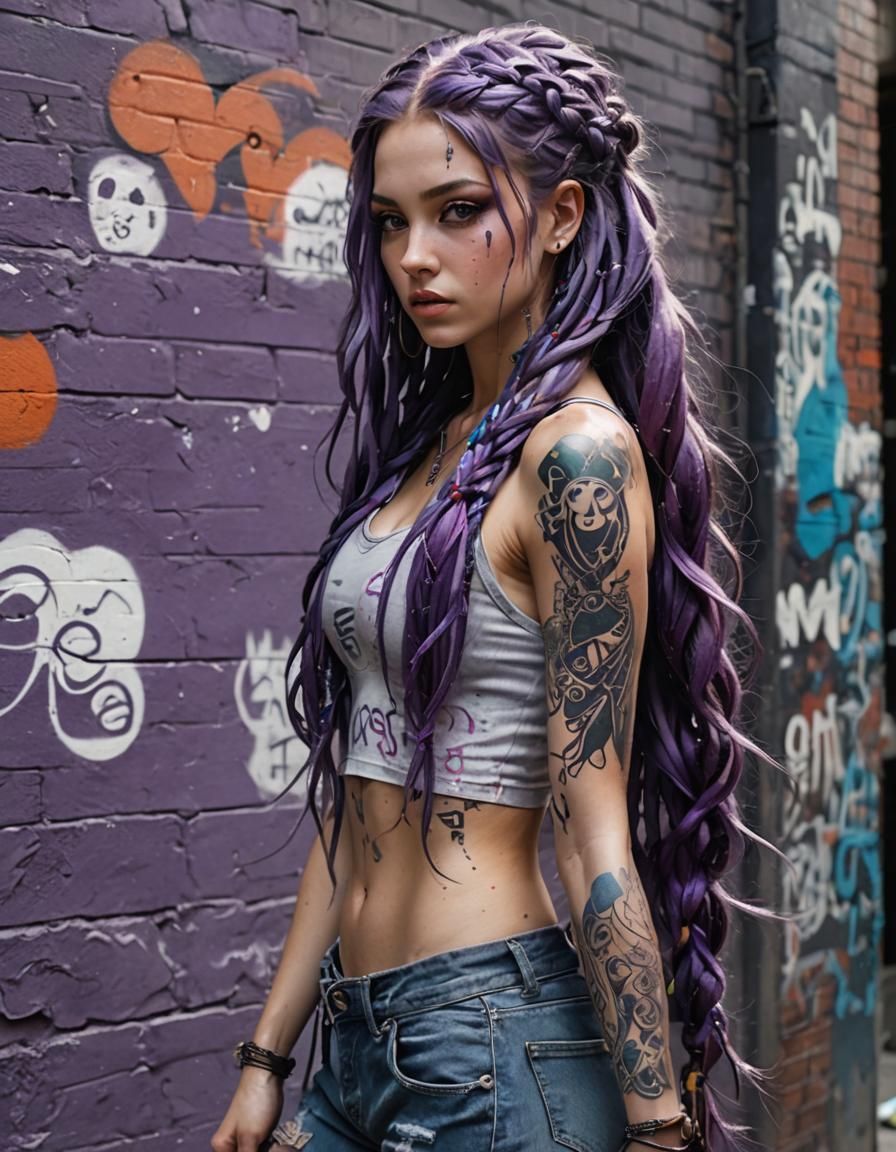 Graffiti Artist with Purple Hair in Anime Style