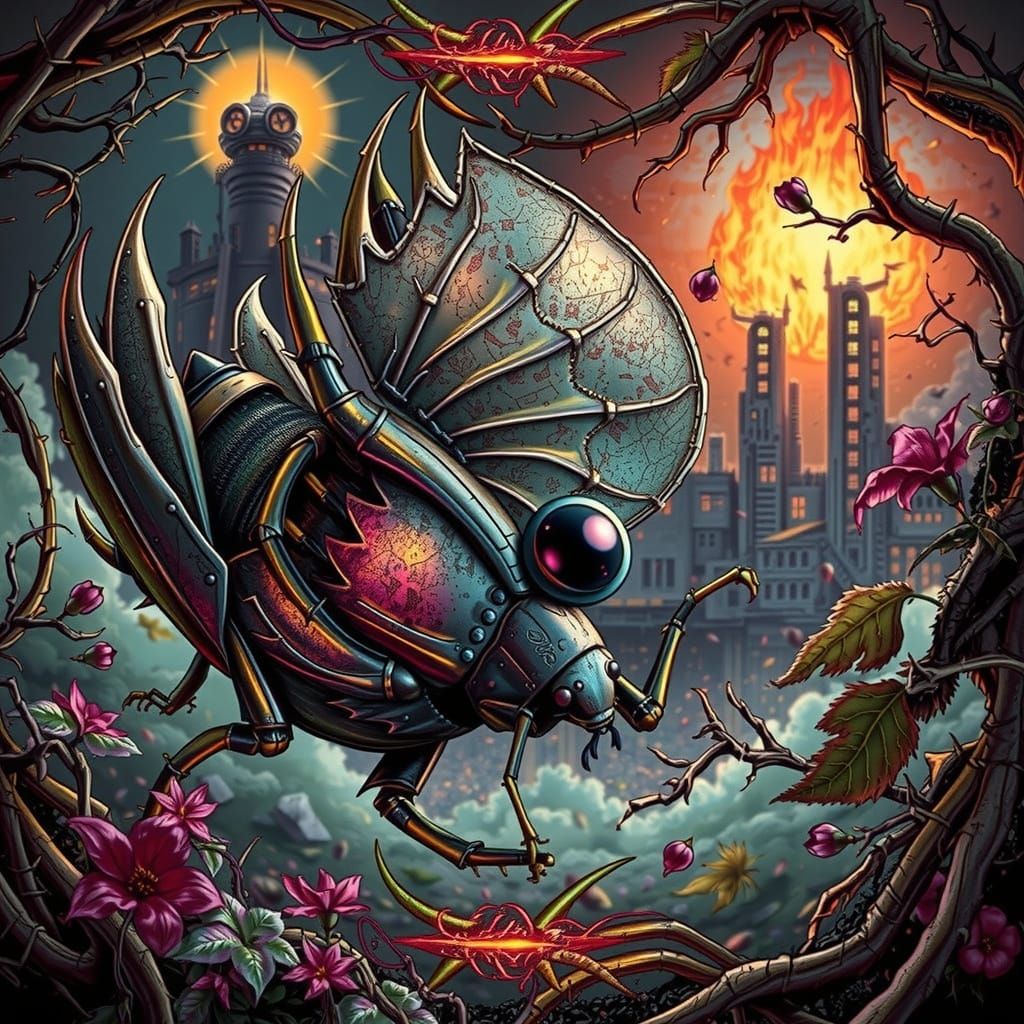 Iridescent Firebug in Dystopian Futurism Style