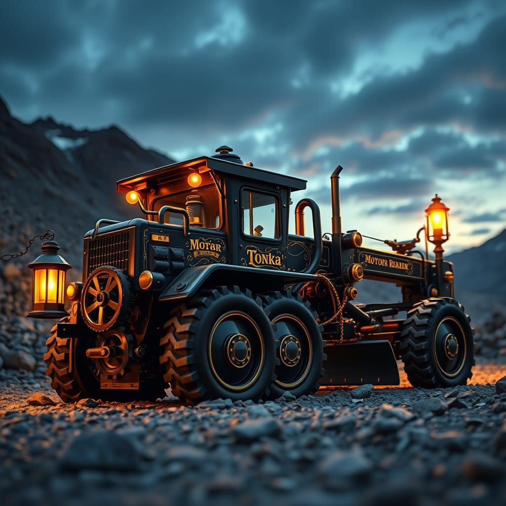 Steampunk Tonka Toy in Mountain Quarry at Dusk