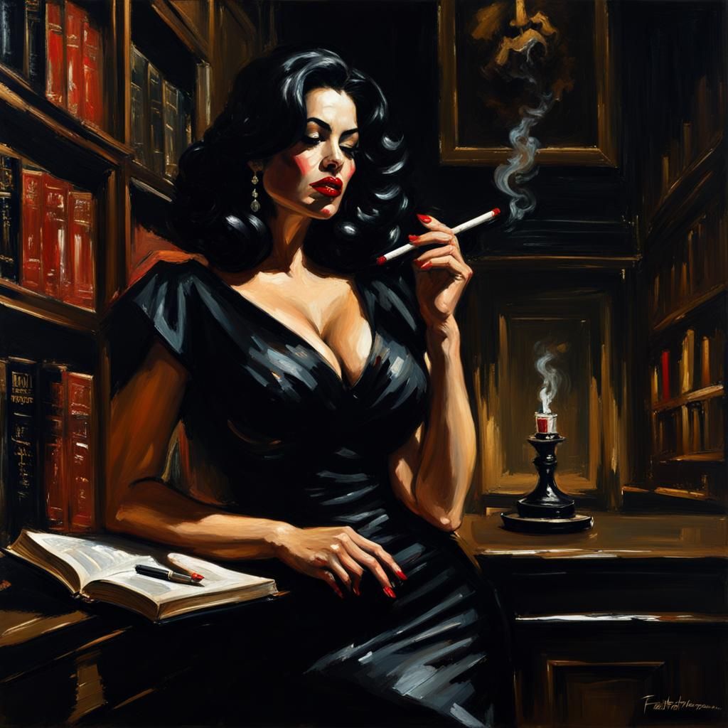 Dramatic Portrait of a Lady Smoking in a Library