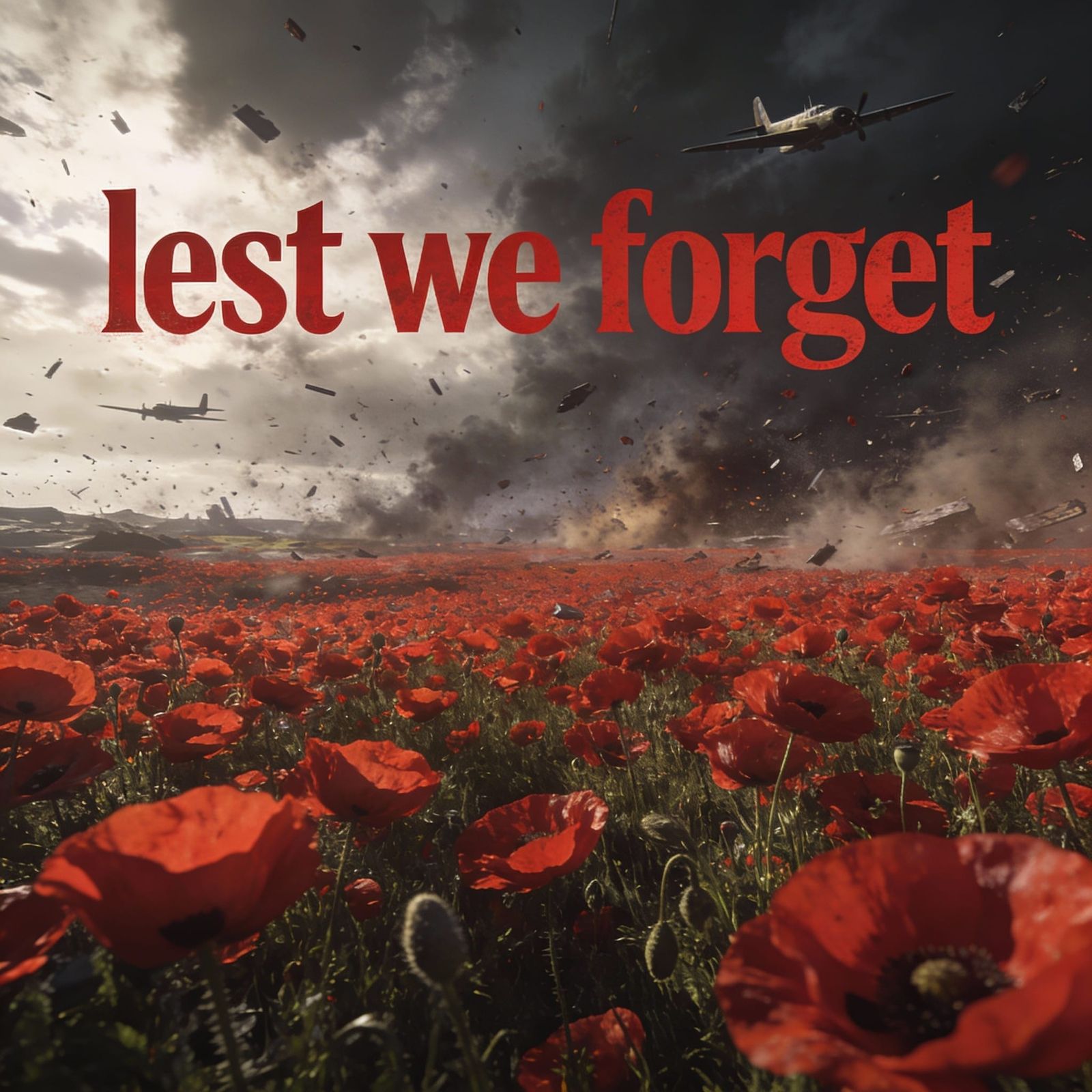 Vast Red Poppy Field Under War-Choked Sky