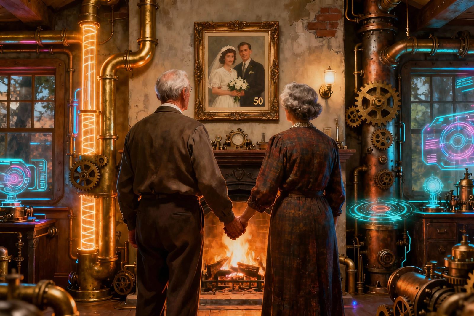 Steampunk Couple in Futuristic Home Reflects on 50 Years