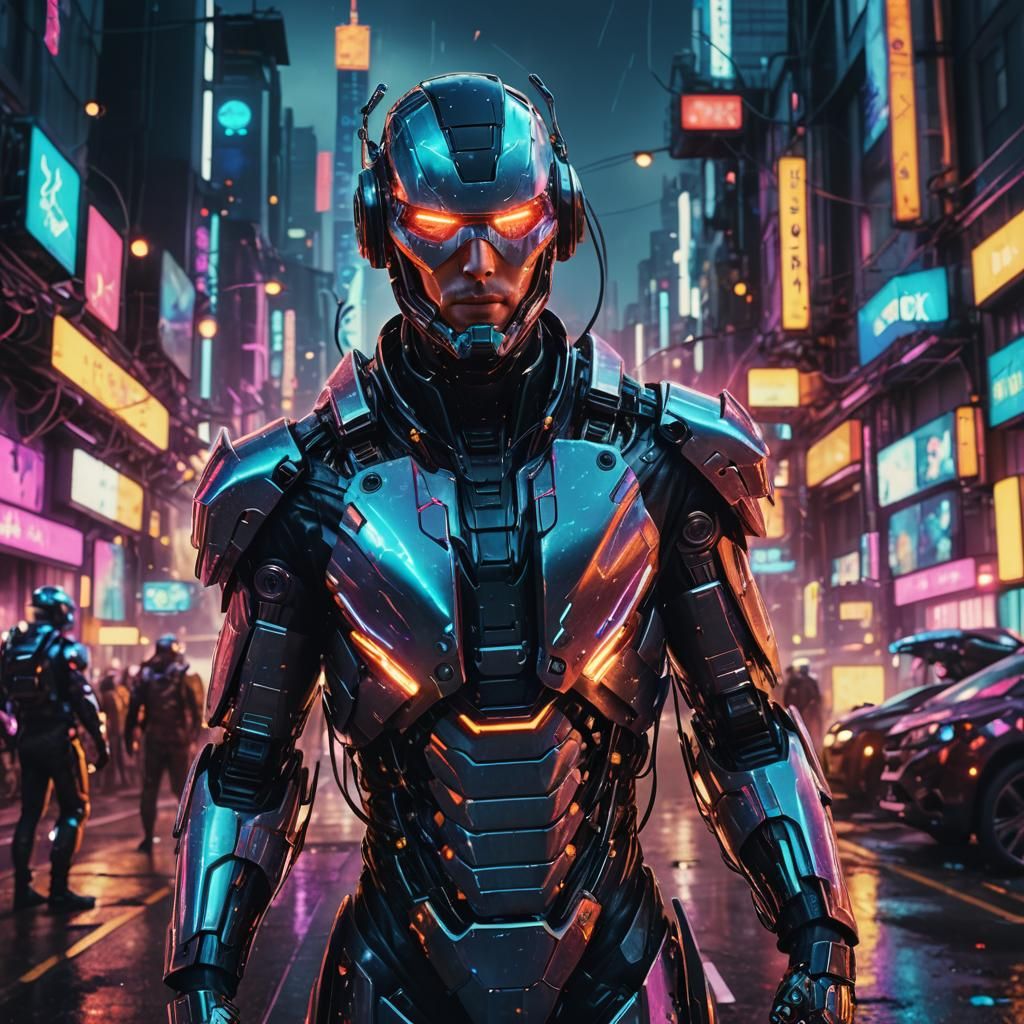Futuristic Man in Neon Cityscape Digital Art