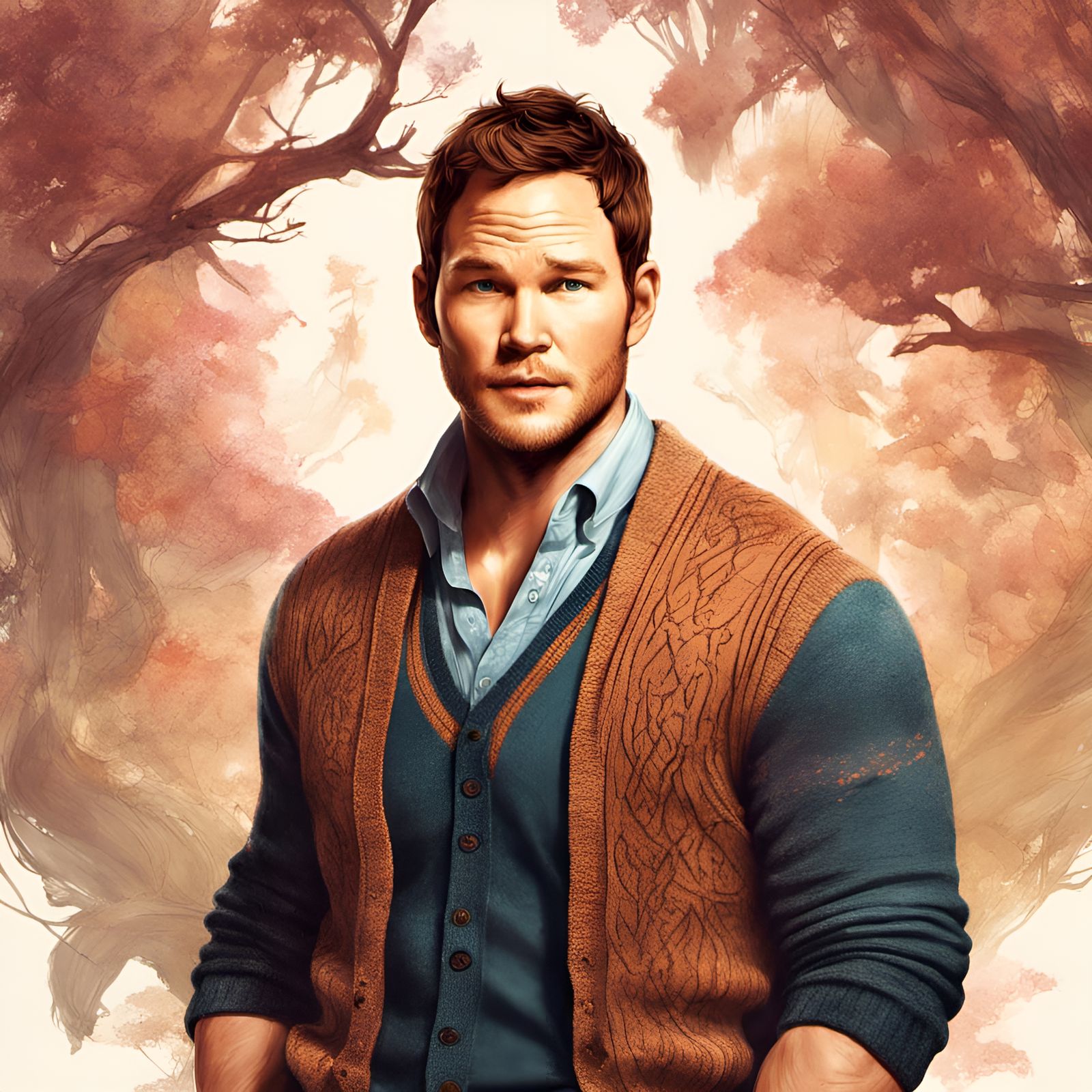 Chris Pratt Portrait in Cardigan Sweater