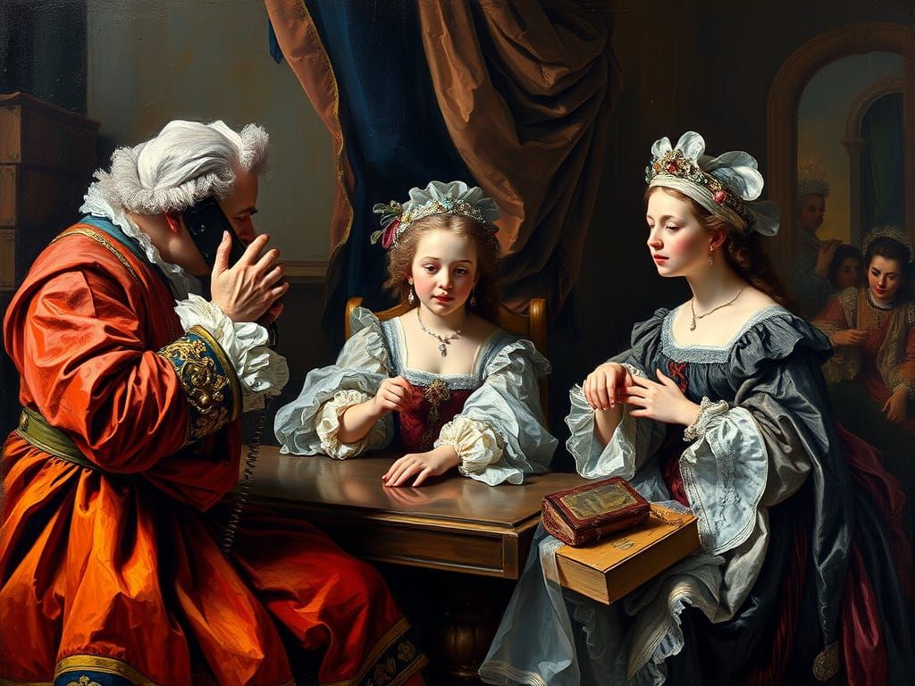 Richelieu on Phone, Nieces Play Video Game, Baroque Style