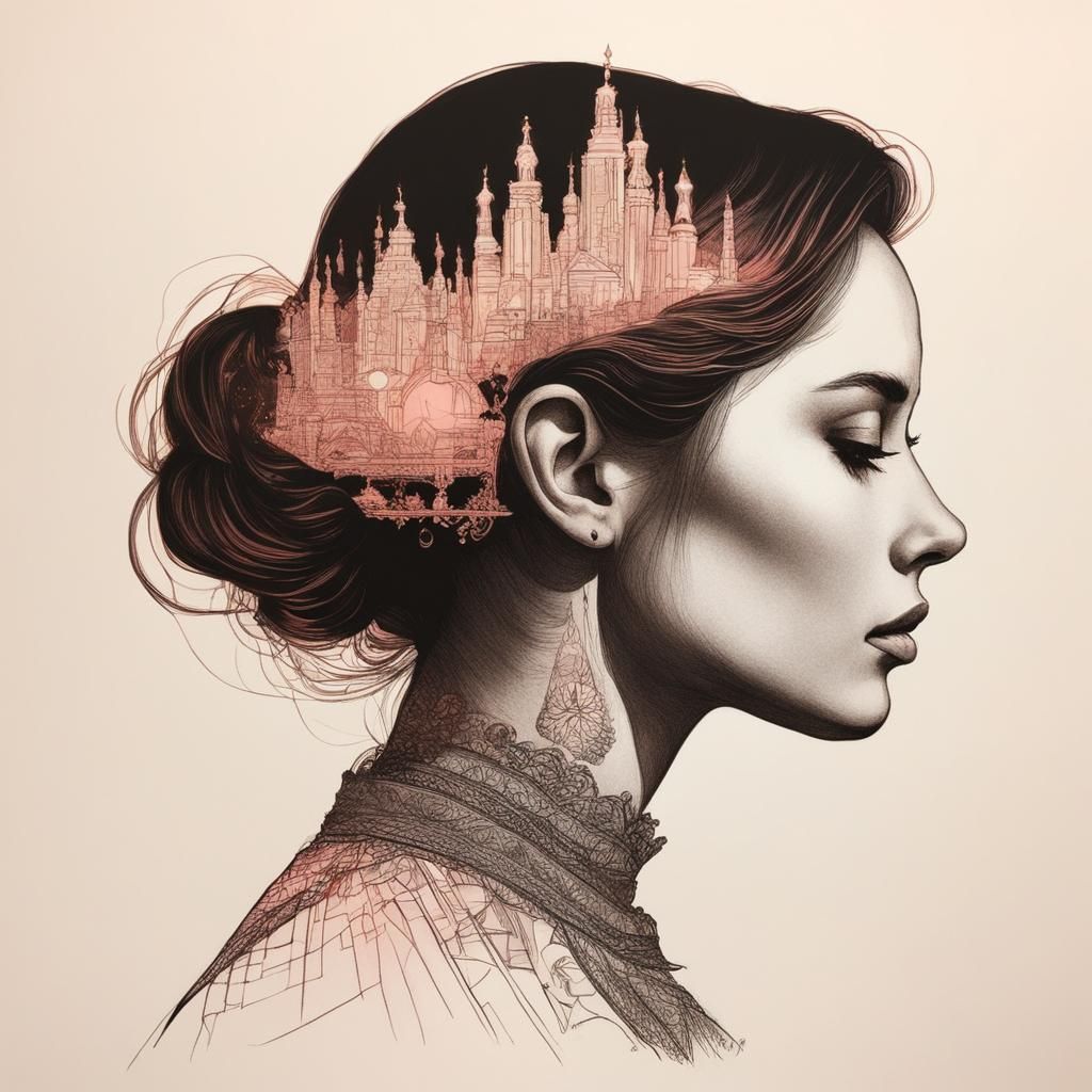 Girl Silhouette Double Exposure in Color Marker Style