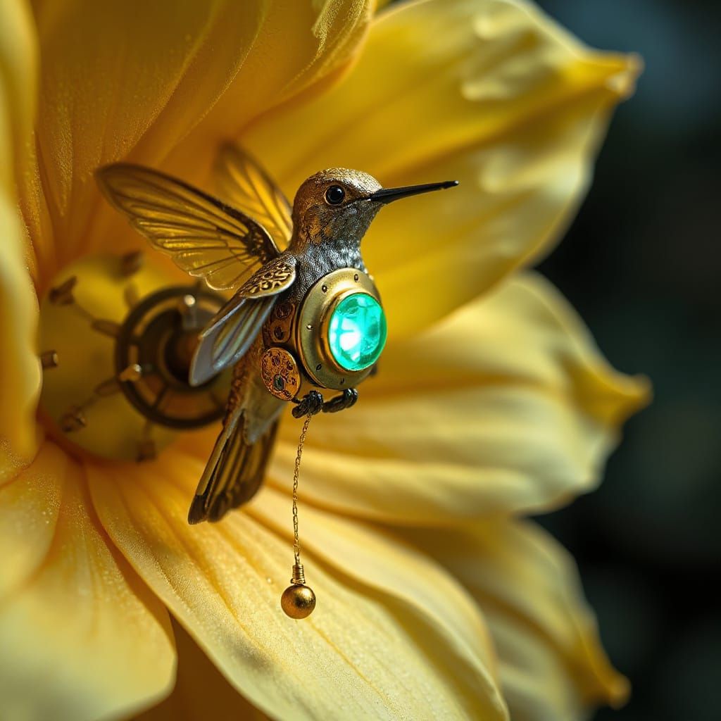 Clockwork Hummingbird Sipping Nectar, Steampunk Style