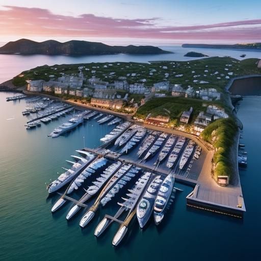 Fantasy Harbor Sunset: Drone View of Boat-Filled Port
