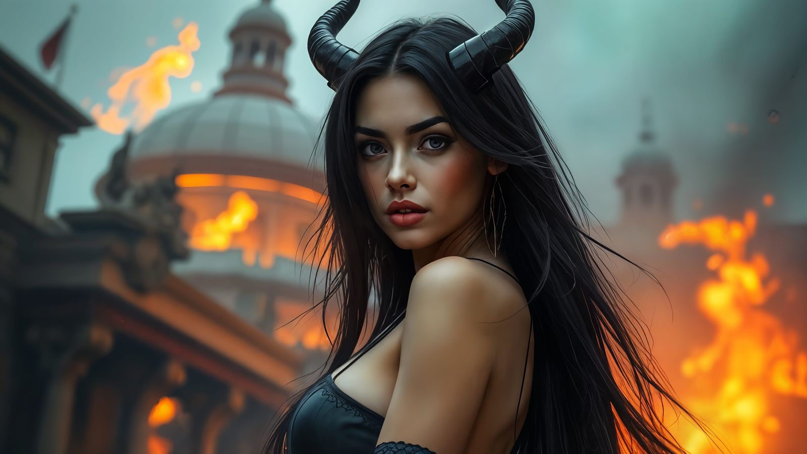 Beautiful Italian Devil Girl Portrait in Splash Art Style
