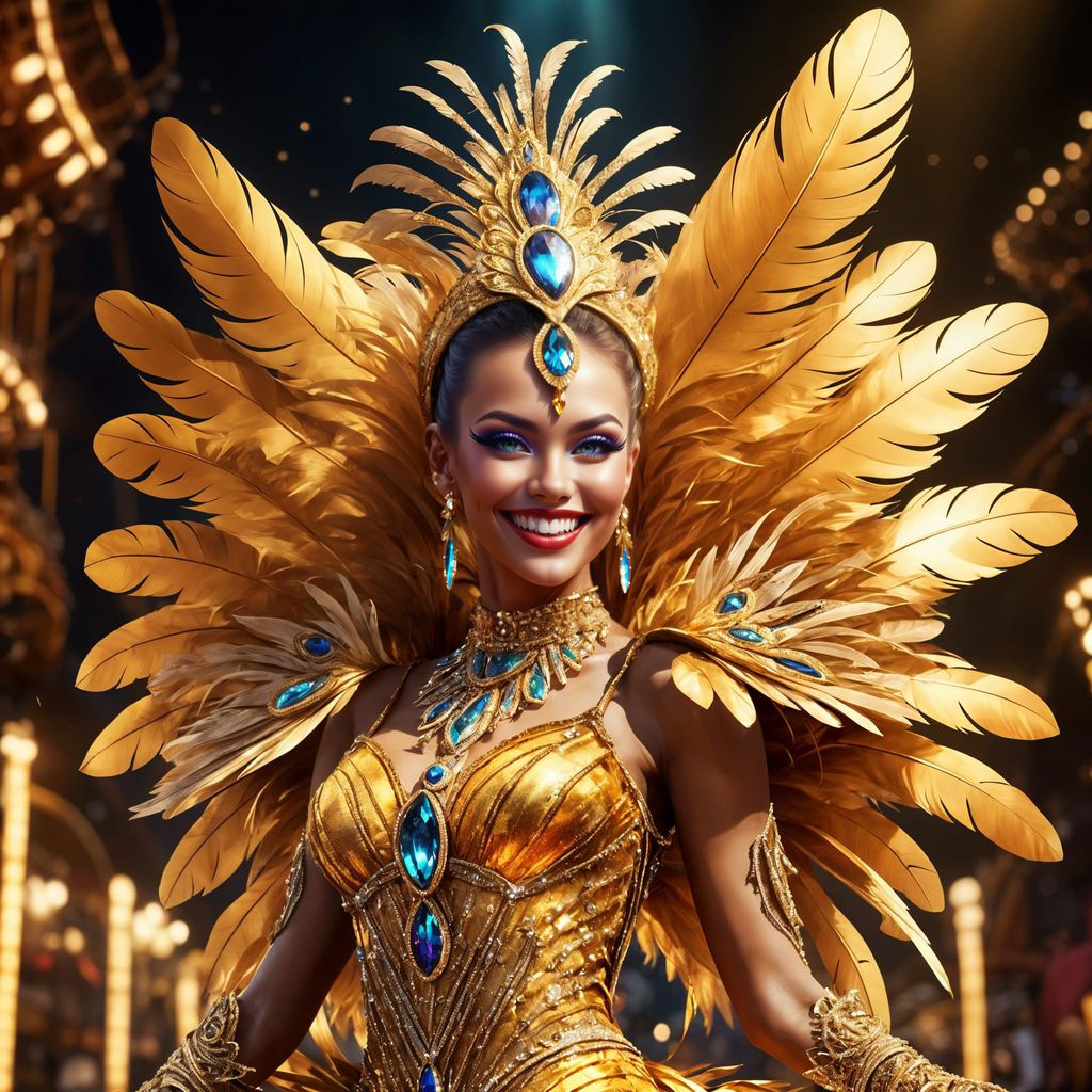 Glamorous Showgirl in Golden Feathers: Runway Fashion