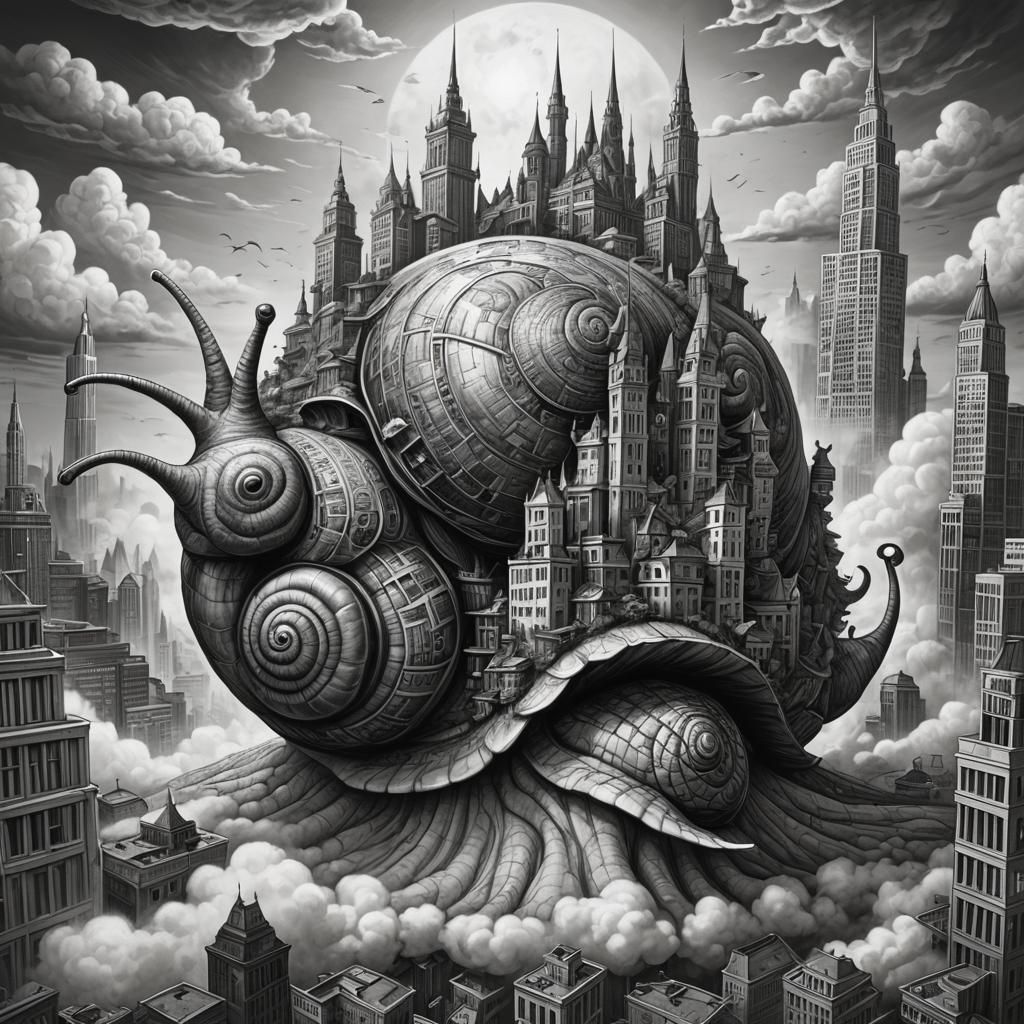 City on Snail Shell Drifting Through Clouds