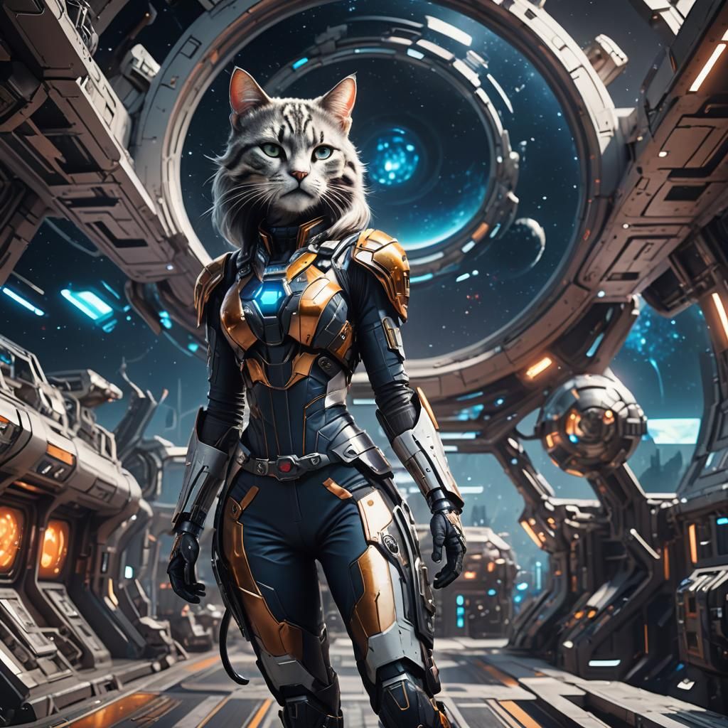 Cat Girl in Spaceship: Detailed Fantasy Concept Art