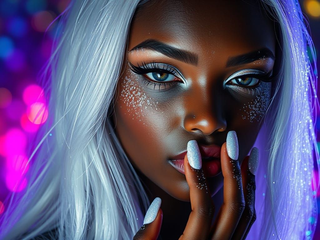 Glamorous Dark-Skinned Goddess in Glittering Attire