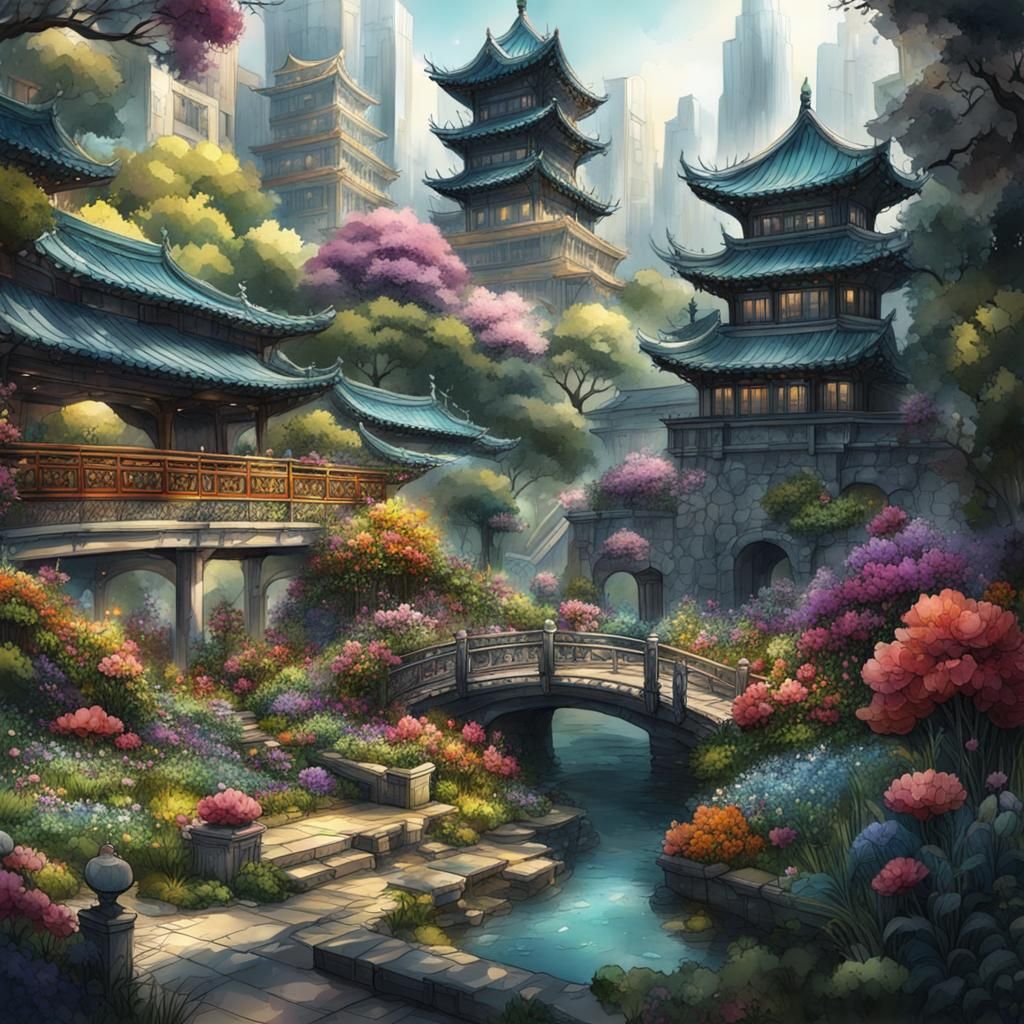 Colorful Garden Scene in Ink and Watercolor