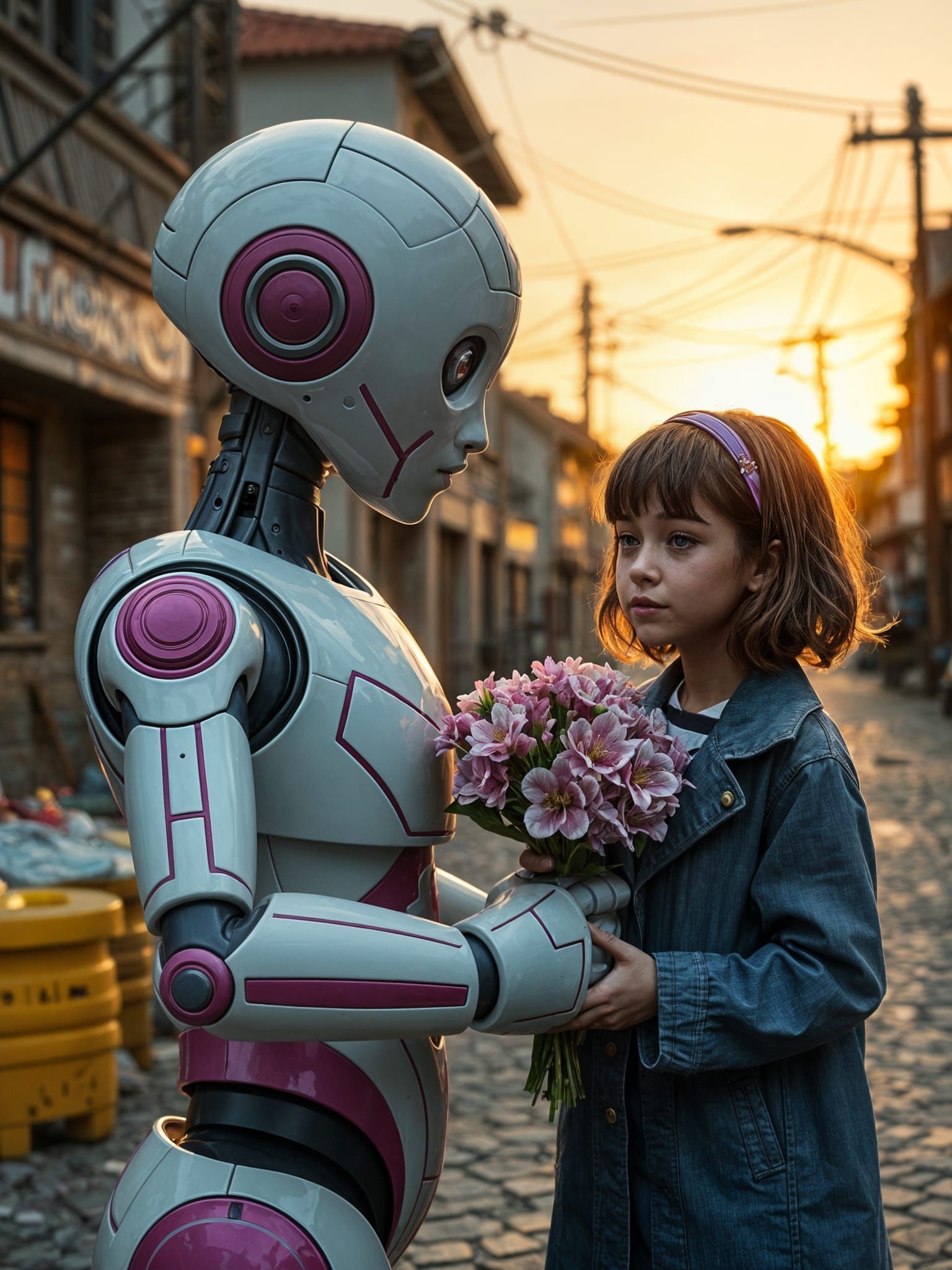 Robot Offers Flowers in Abandoned City, Realistic Photo