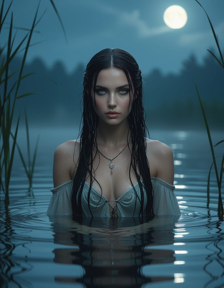 Beautiful Yet Dangerous Slavic Rusalka in Moonlight