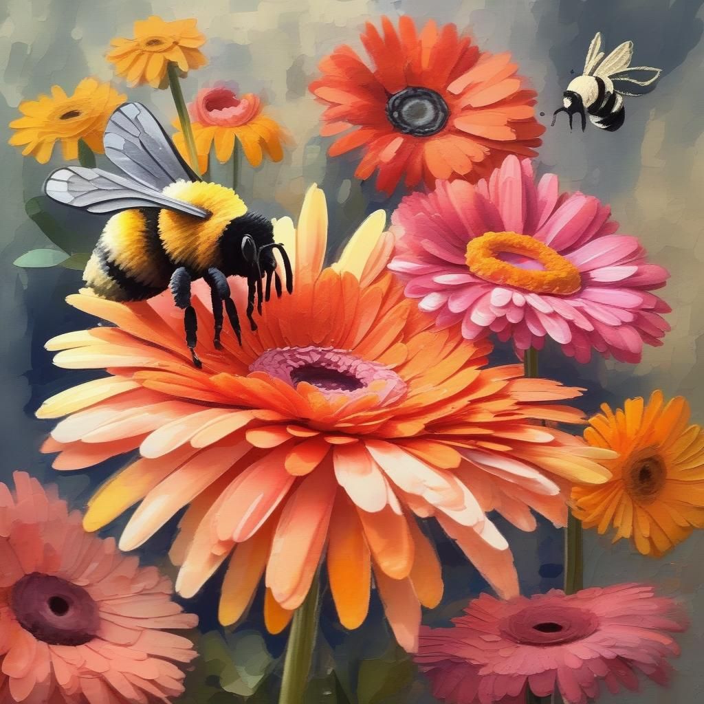 Gerbera, Bee, and Butterfly in Gouache Style