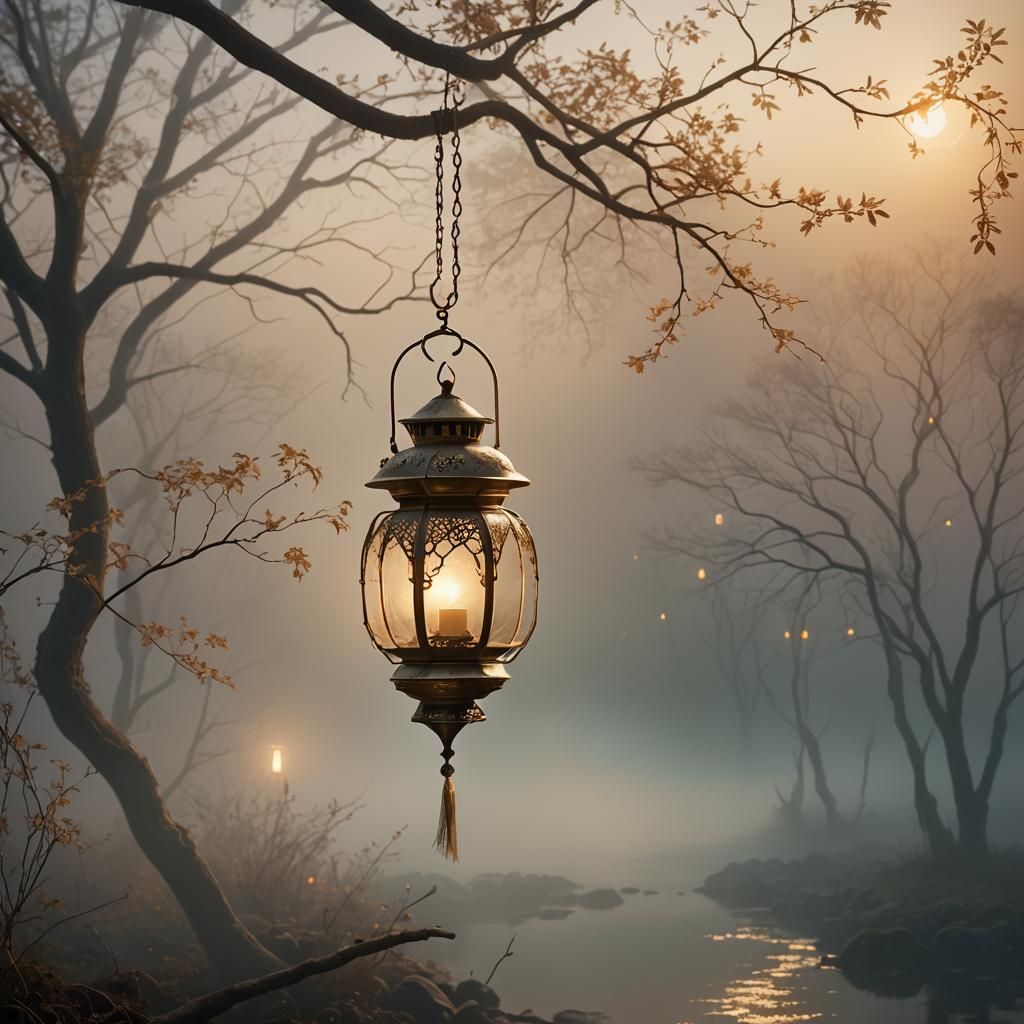 Ethereal Dreamscape with Suspended Lantern