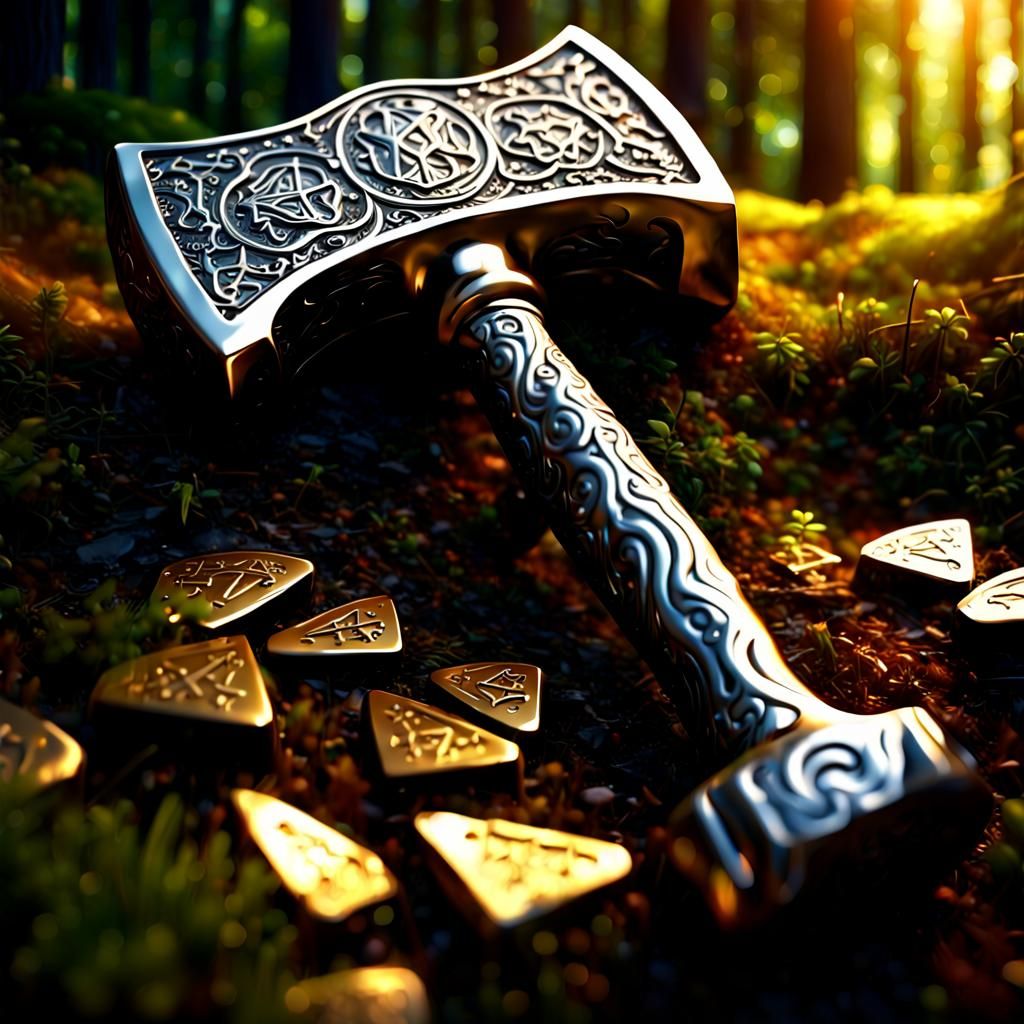 Shiny Hammer with Golden Runes in Forest