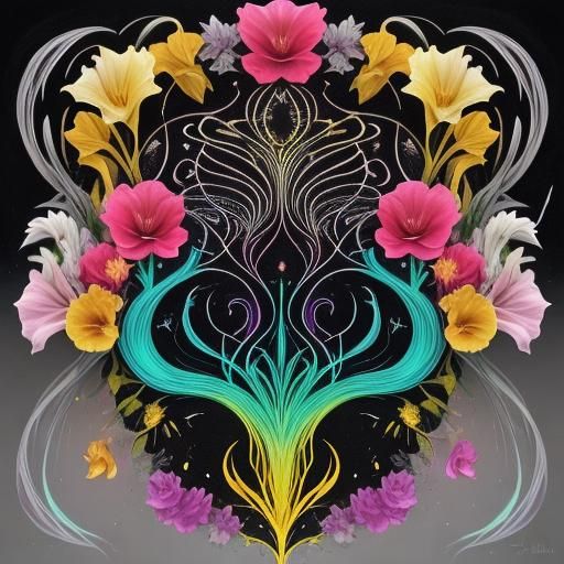 Glowing Crystal Surrounded by Rainbow Flowers in 3D