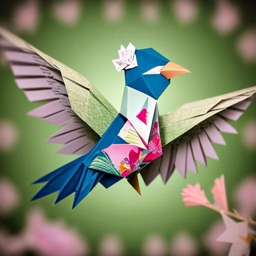 Origami Bird with Flowers in Forest Papercraft