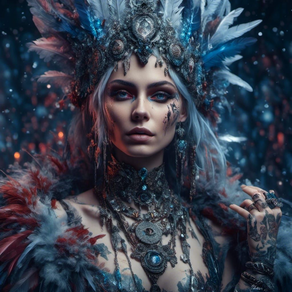 Snow Queen with Feather Jewelry in Dark Fantasy Style