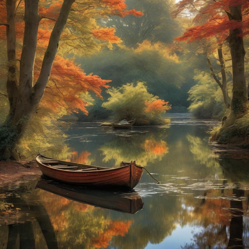 Autumnal River Scene with Child and Dog