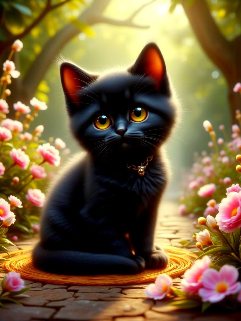 Whimsical Black Kitten in Enchanted Garden