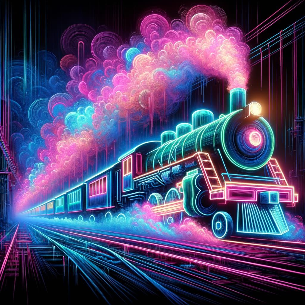 noble creation, dynamic,train of glowing neon wires in paste...