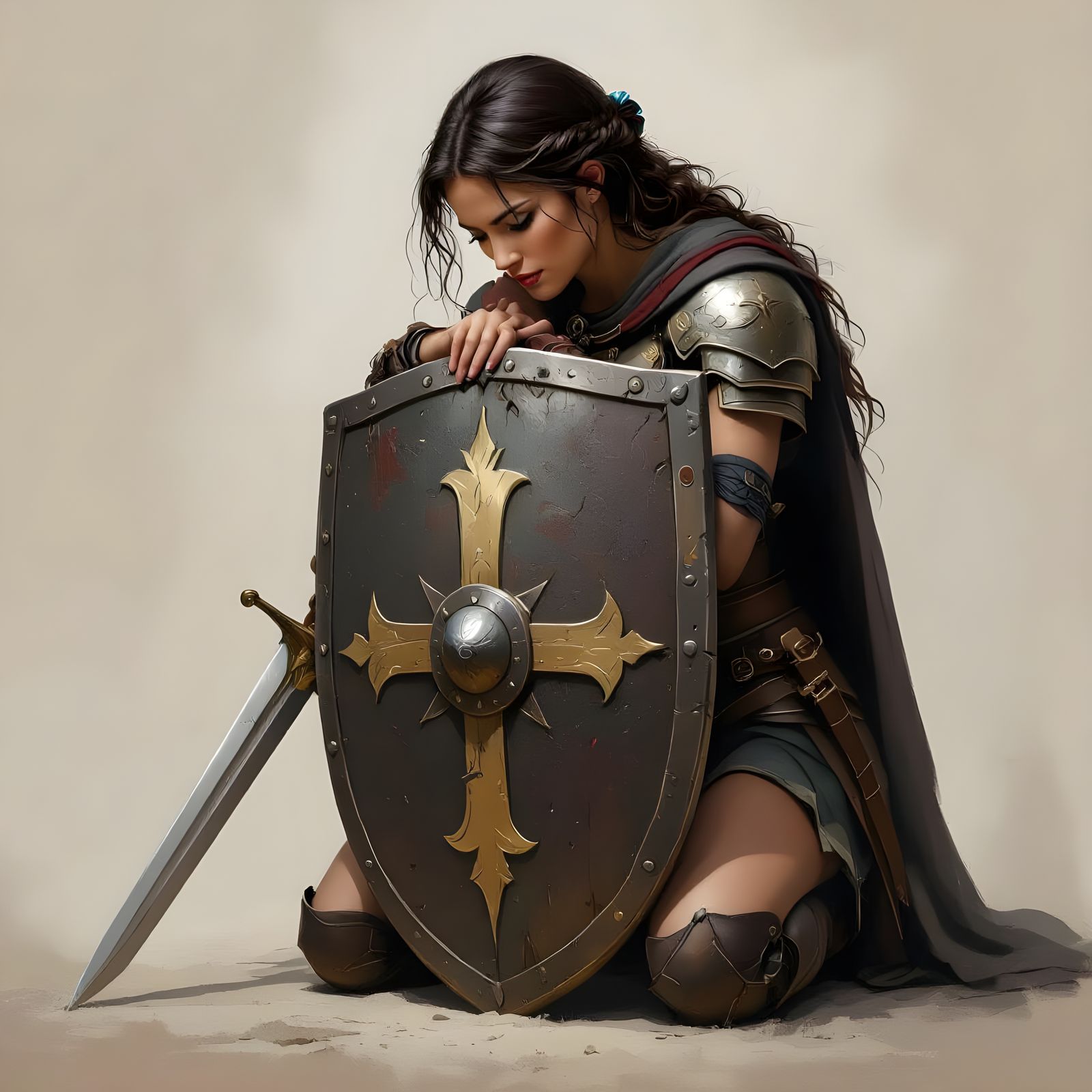 Warrior Woman Praying with Sword and Shield