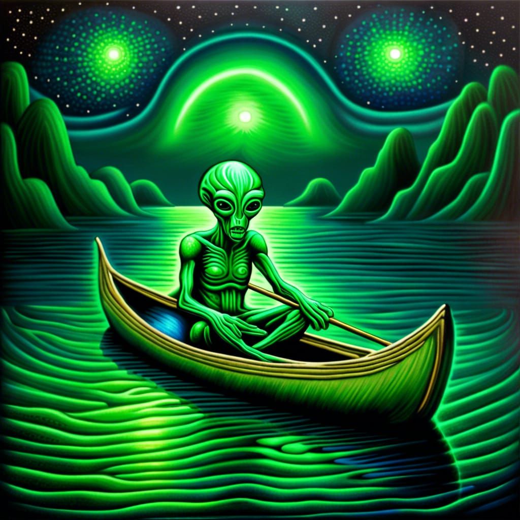 Glowing Alien in Canoe Under Starry Night
