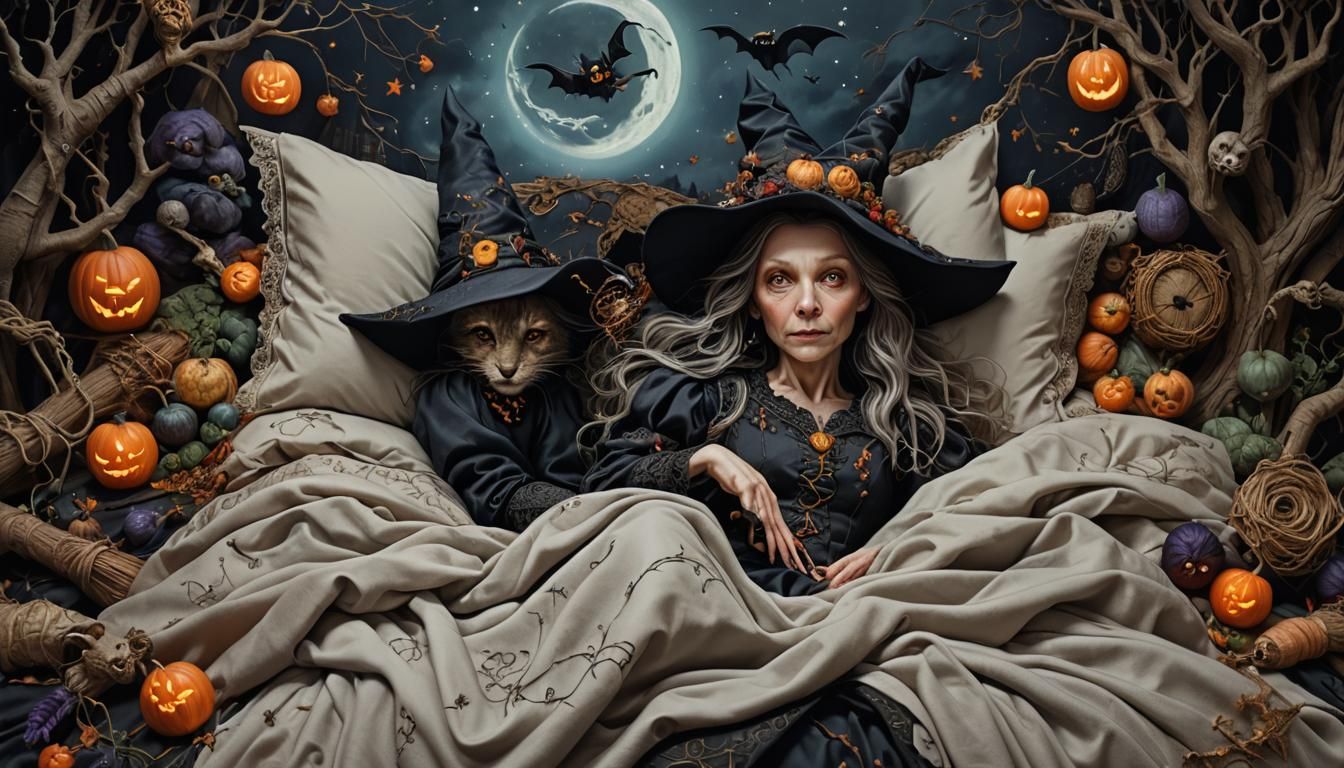 Anthropomorphic Witch in Bed: Fantasy Realism Fine Art
