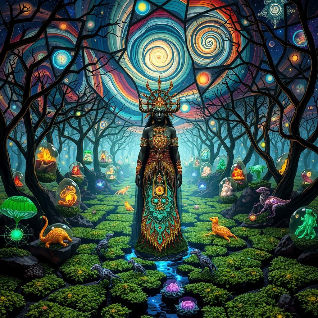 Mystical Shaman in a Dreamlike Labyrinth of Glowing Ecosyste...