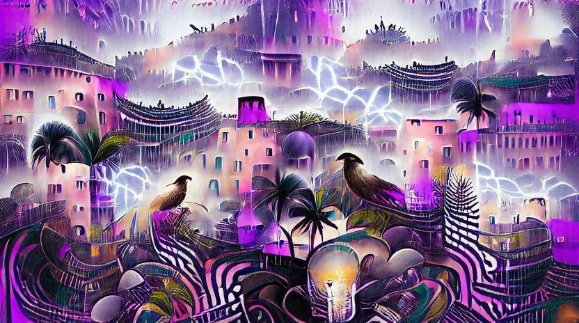 Futuristic Tropical Cityscape Under Stormy Skies