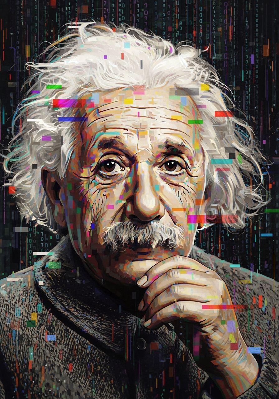 Fractured Einstein Portrait in Glitch Art Style