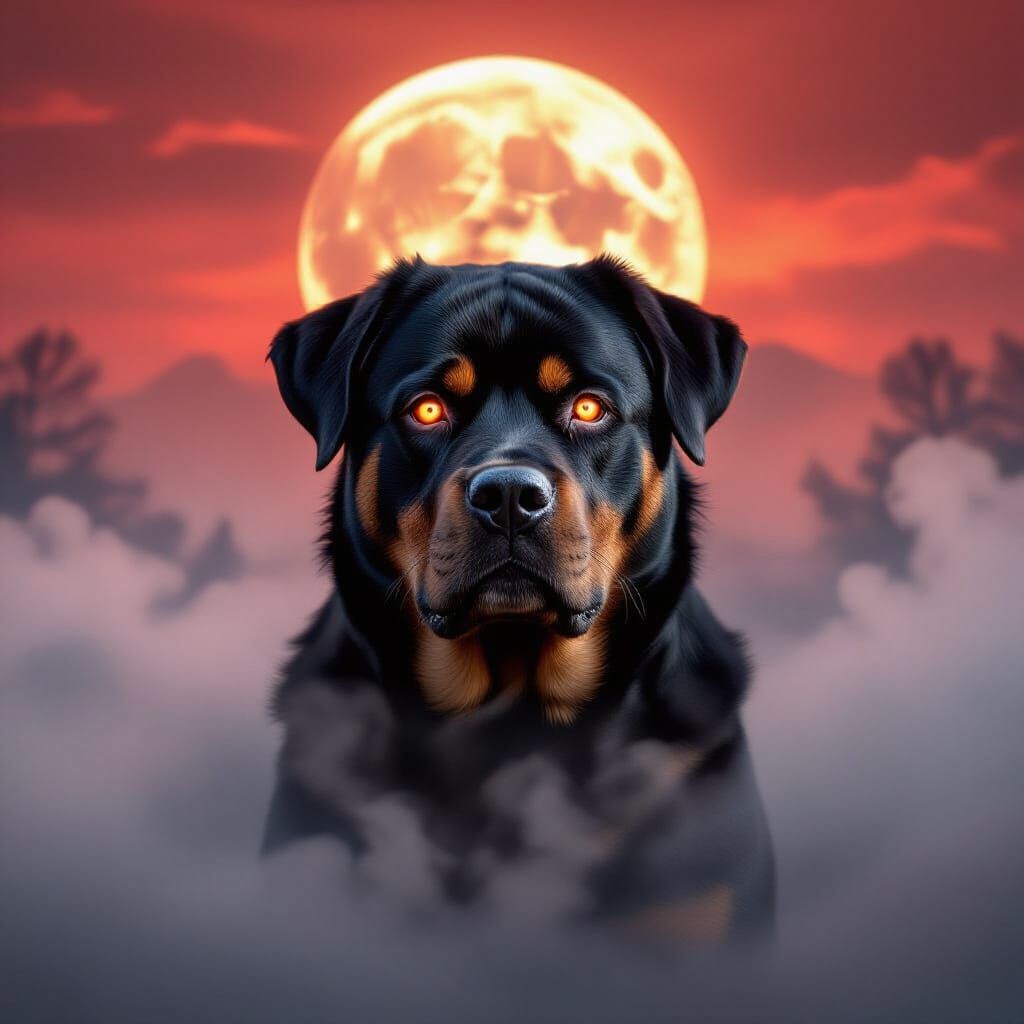 Dramatic Rottweiler with Glowing Eyes in Red Sky