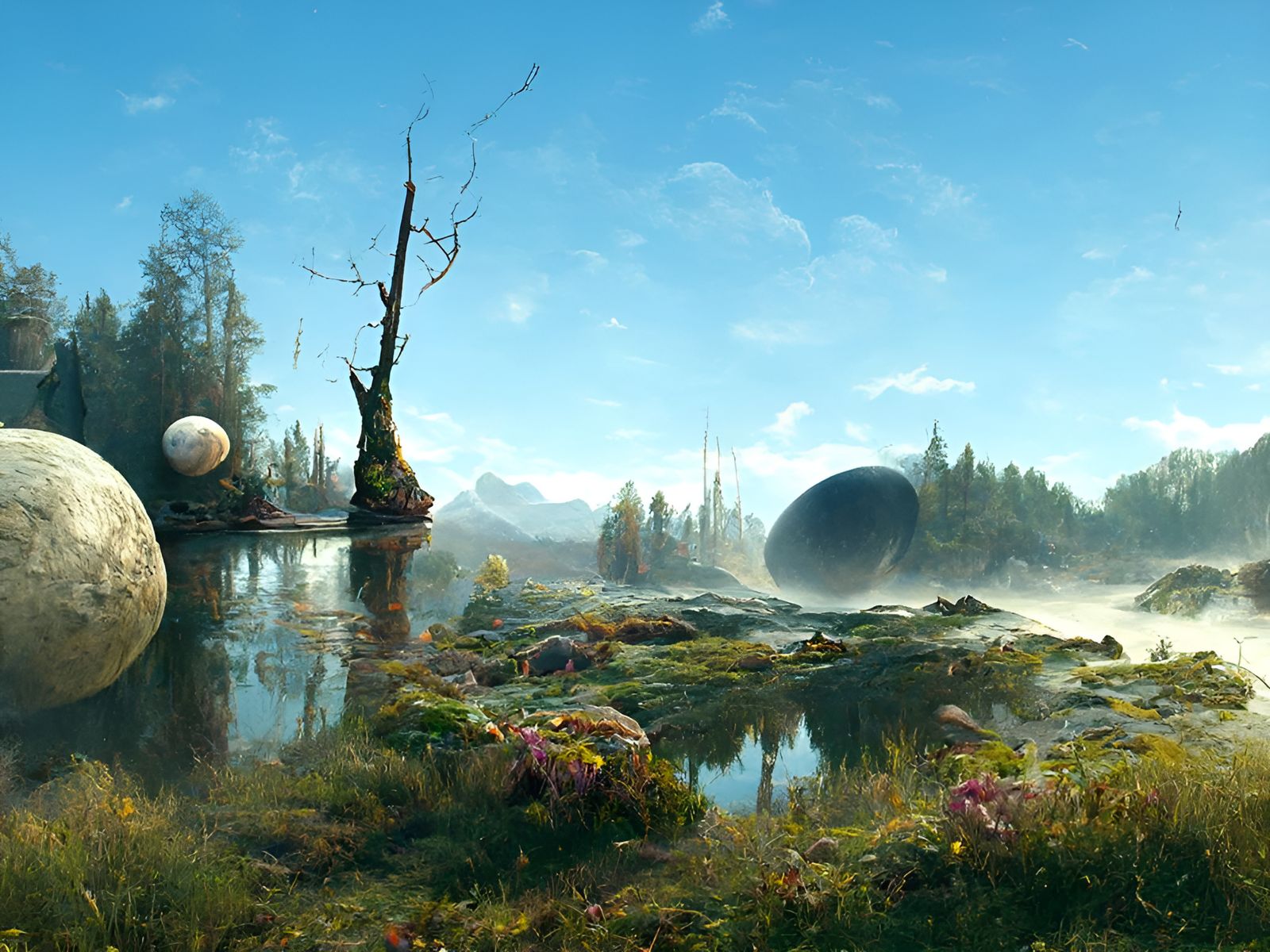 Mystical Alien Moonrise Over Forest Lake