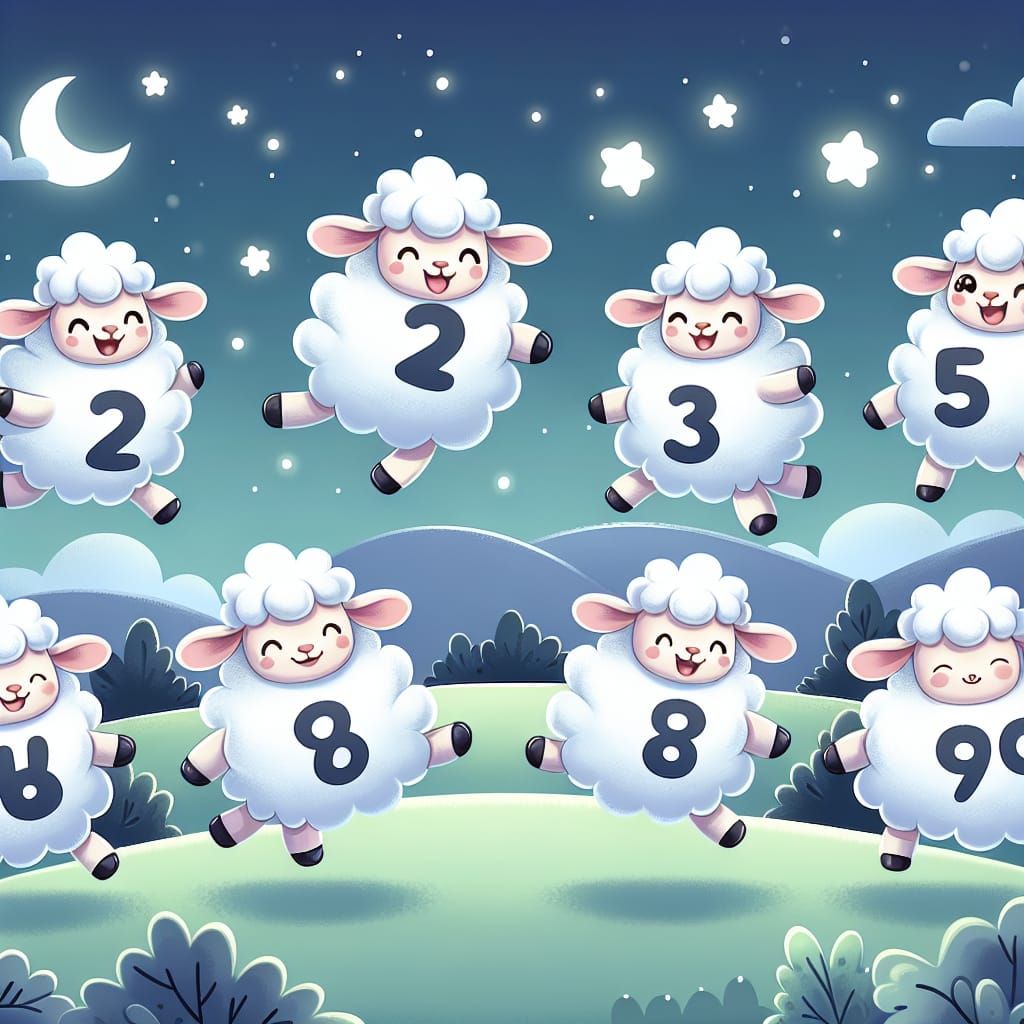 Whimsical Cartoon of Numbered Sheep Jumping at Night