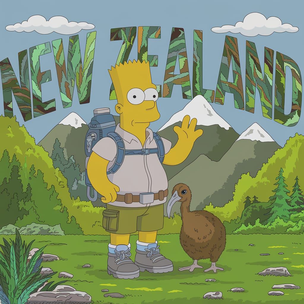 Simpsons-Style Hiker with Kiwi in New Zealand