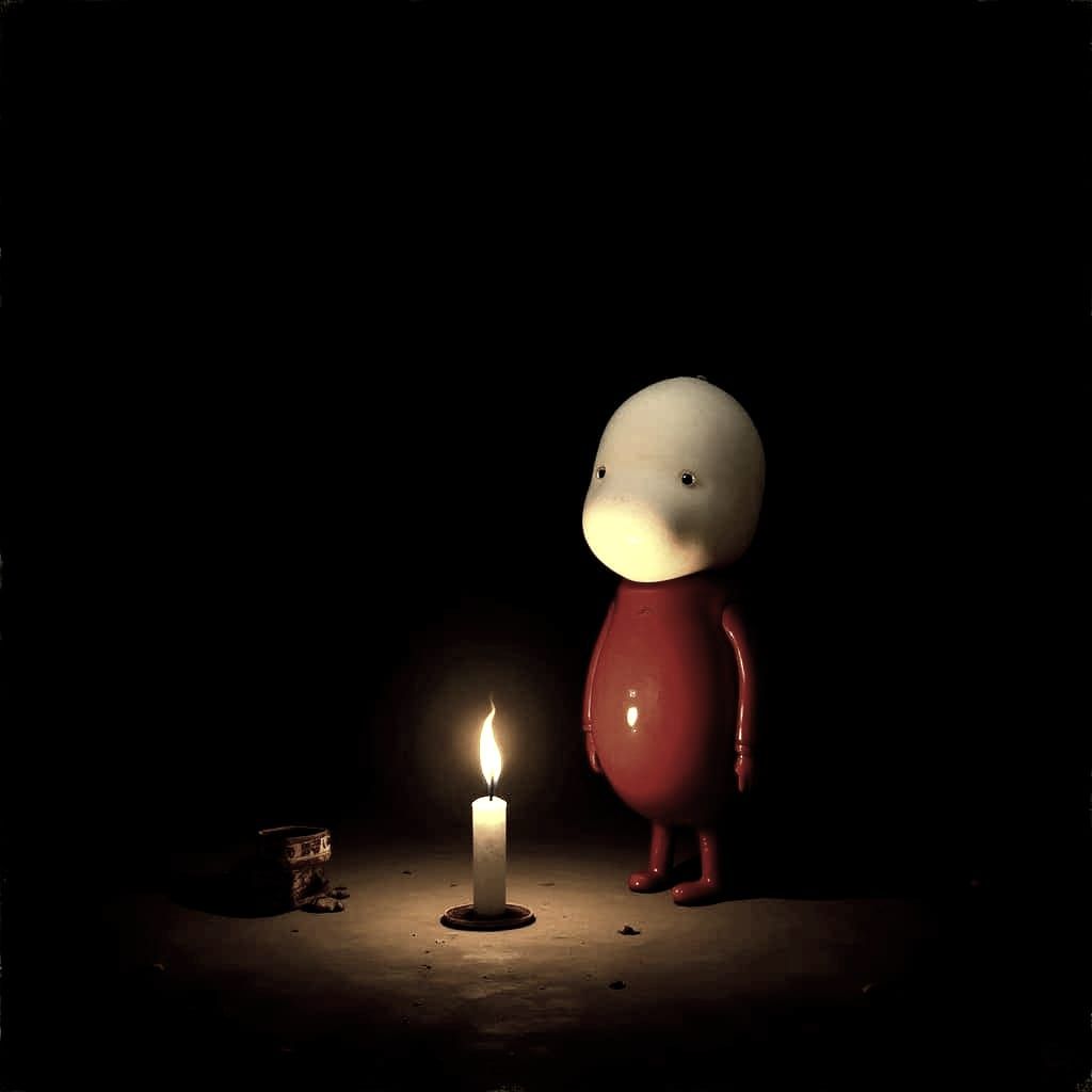 Mysterious Red Spaceman in Candlelit Darkness