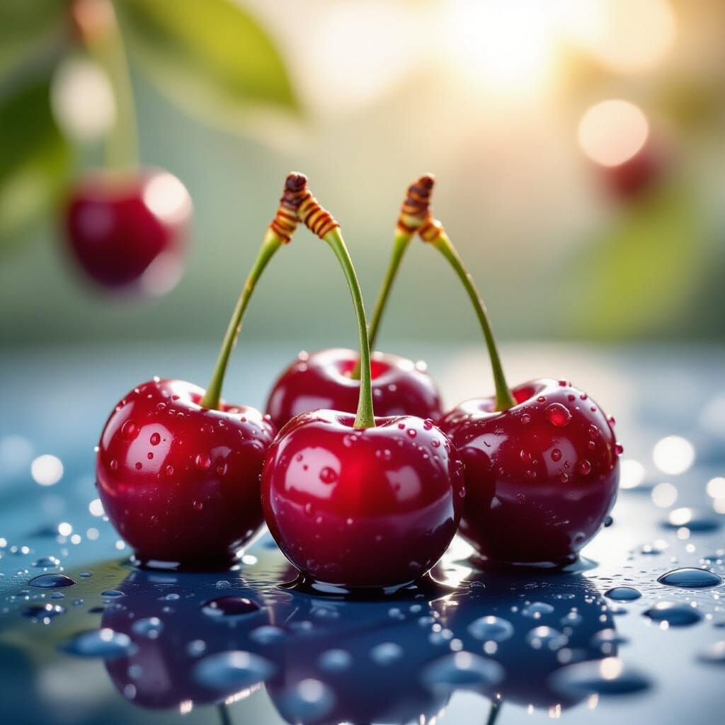 Fresh Cherries with Water Droplets in Studio Shot
