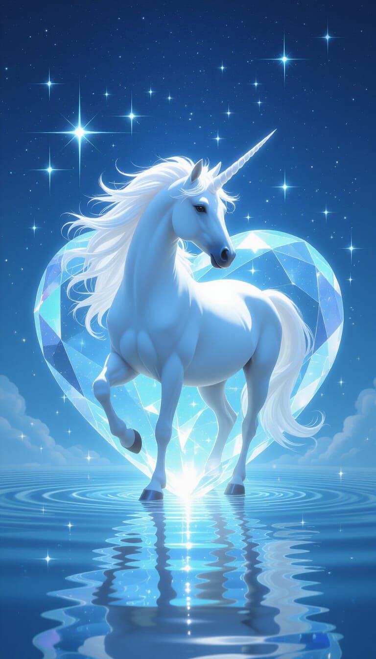 Luminous Unicorn in Crystal Heart Amidst Ethereal Light
