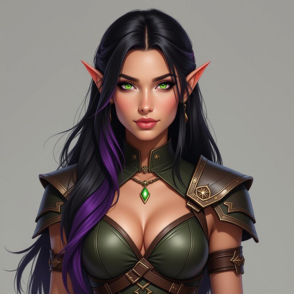 Tanned Elf Warrior with Green Eyes and Purple-Tipped Hair