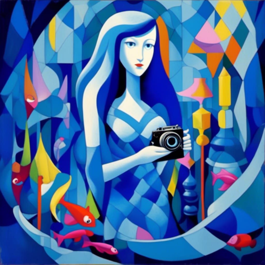 Blue Tang Mermaid Photographer in Cubist Art Deco Style