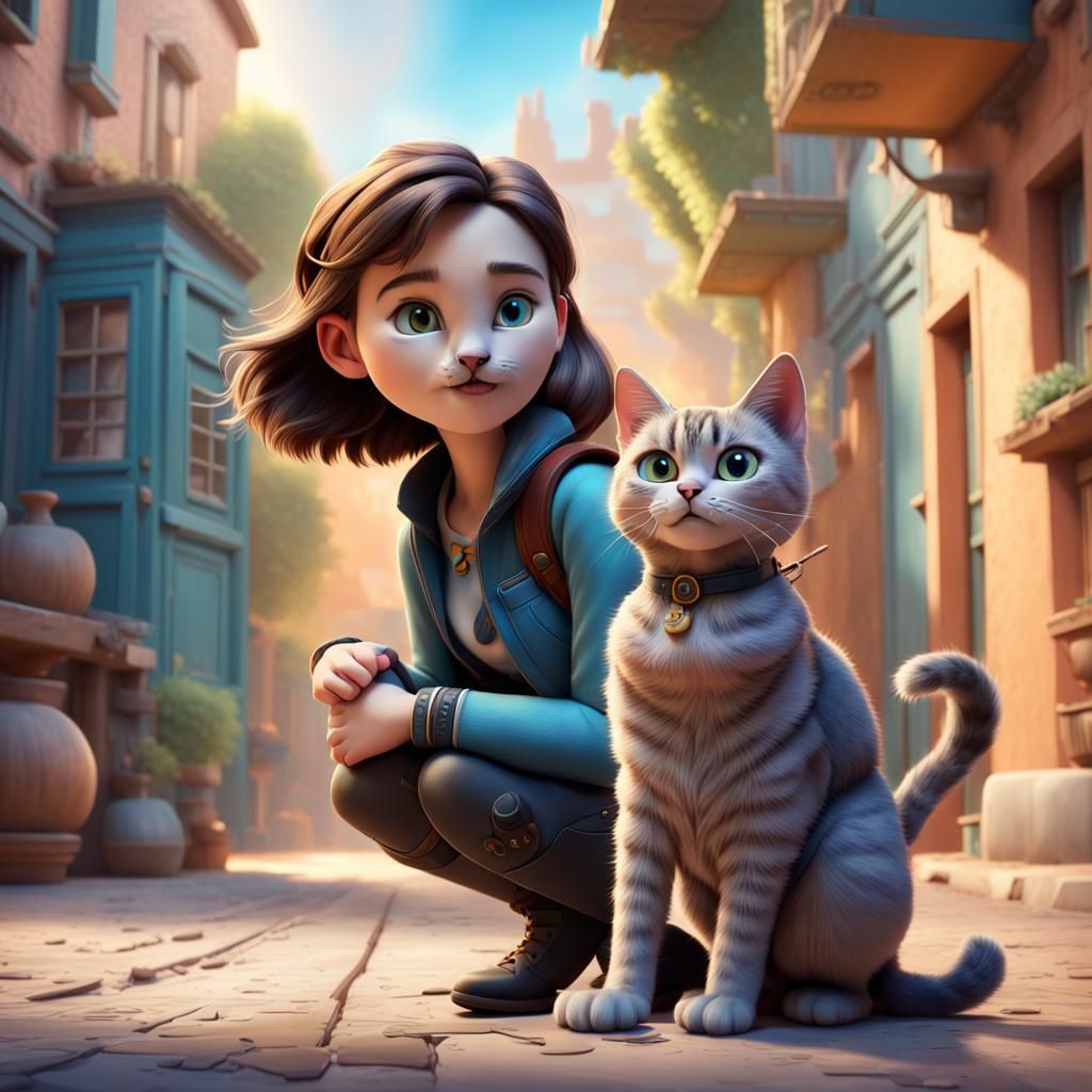 Time Traveler and Cat in Pixar-Inspired 3D Art